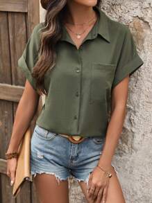 SHEIN Clasi Camisa De Manga Corta De Murciélago Con Bolsillo Frontal - Verde militar - Ver 4