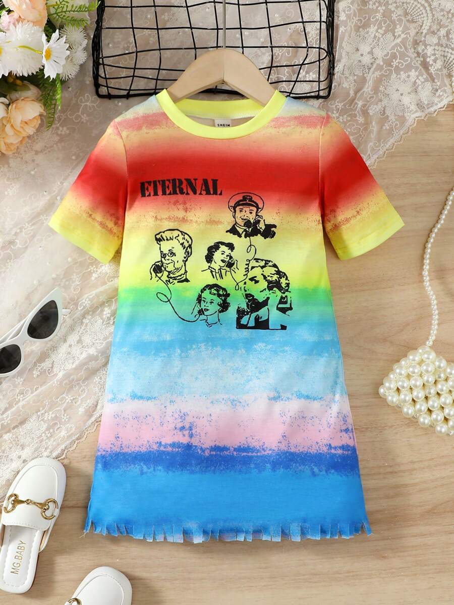 SHEIN Young Girl's Colorful Ombre Fringed Hem Dress - Multicolor - View 1
