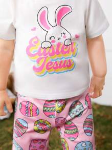 SHEIN Baby Girl Easter Cute Cartoon Pattern Short Sleeve Ruffle Top And Flared Pants Set