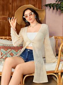 SHEIN Teen Girls' Knit Hollow Out Jacquard Cardigan With Long Sleeves And Casual Style