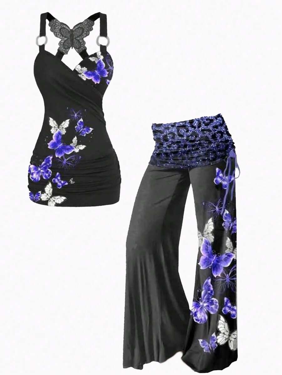 SHEIN LUNE Kích thước lớn Bowknot In Cami ngọn Có nhẫn Chi tiết Và Quần Bộ - Nhiều màu - Xem 1