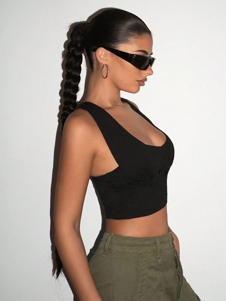 Women's Sweetheart Neck Cropped Tank Y2K Corset Black Top