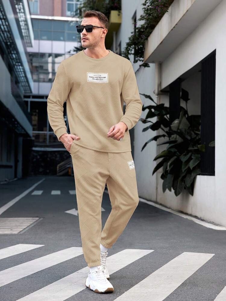 Men's Plus Size Letter Printed Sweatshirt And Sweatpants Set For Casual Wear, For Fall Winter