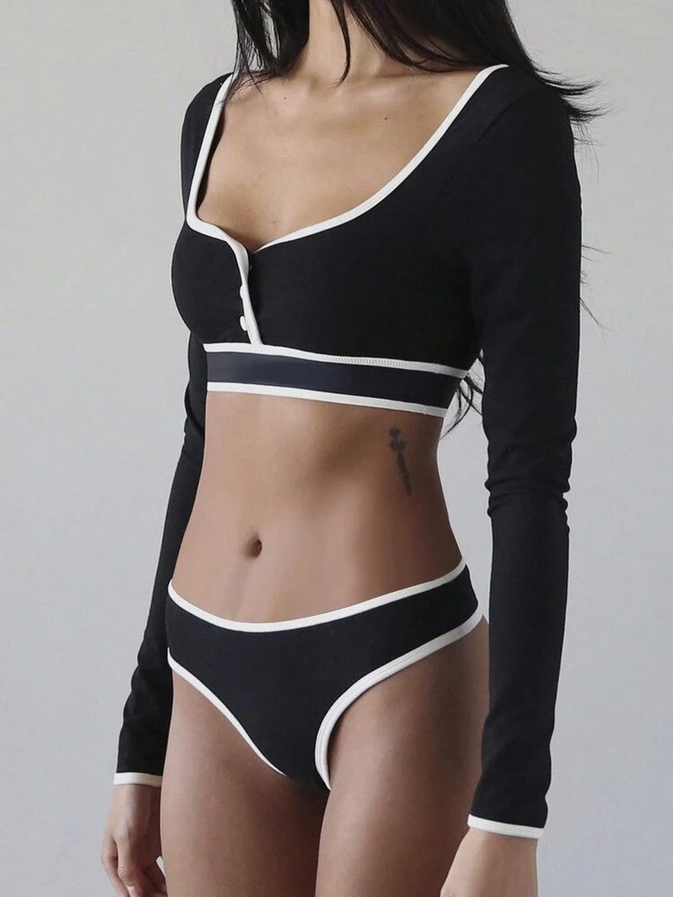 Women's Colorblock Cropped Top And Triangle Briefs Set