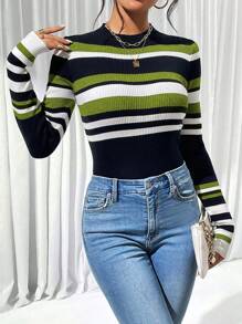 Chiquease Jersey de manga larga a rayas, suéter de punto para otoño e invierno - Multicolor - Ver 1