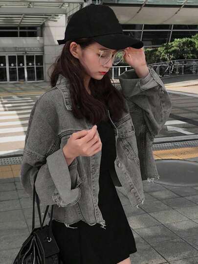 宽松纯色原色下摆女式落肩长袖休闲牛仔夹克