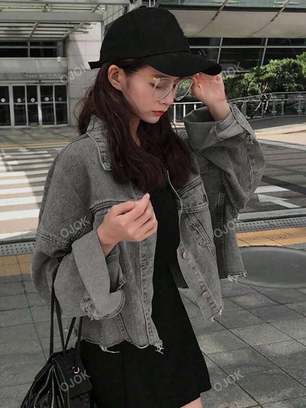 Loose Fit Solid Color Raw Hem Women's Drop Shoulder Long Sleeve Casual Denim Jacket