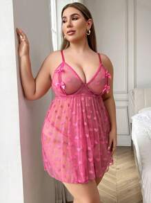 Plus Size Heart Mesh Sexy Lingerie Dress With G-String - Hot Pink - View 4