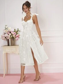 Enchnt 女士網紗連衣裙,肩上帶花和打結 - 白色 - 查看 6