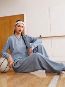 SHEIN Sports Women's Split Hem Cropped Top And Slant Pocket Pants Sportswear Set - Baby Blue - View 1