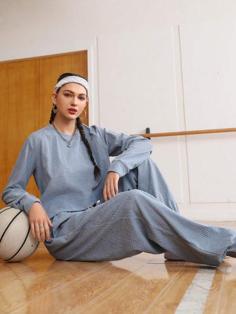 SHEIN Sports Women's Split Hem Cropped Top And Slant Pocket Pants Sportswear Set - Baby Blue - View 1