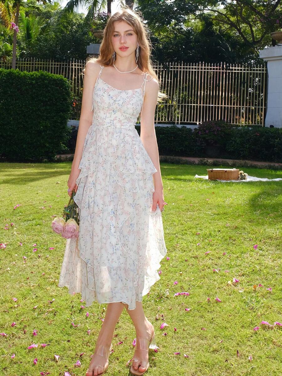Vacation & Casual Ditsy Floral Spaghetti Strap Dress - Beige - View 1