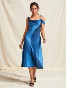 Ishaarah 设计师蓝宝石不对称领口长裙，夏季优雅连衣裙，除夕装，适合节日、派对、生日装、节日 - 藍色 - 查看 1