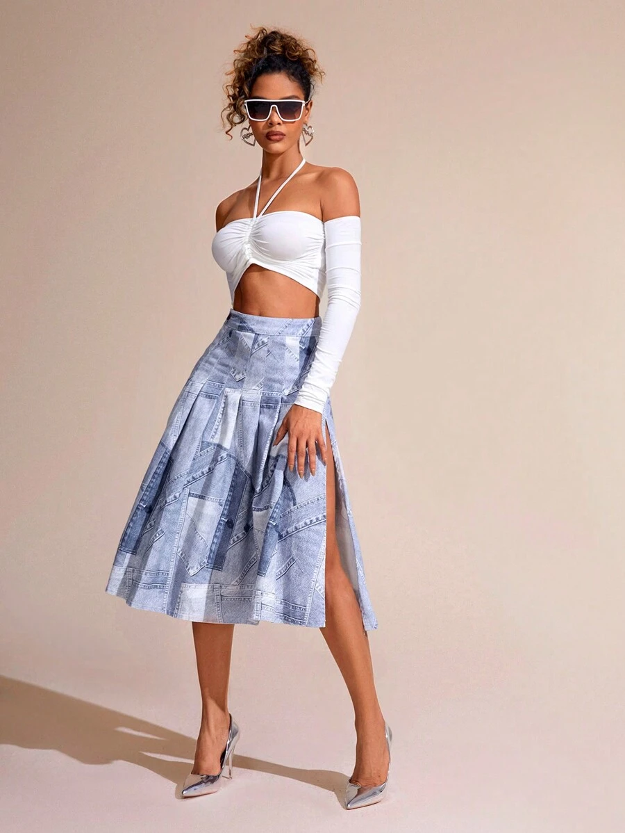 SHEIN BAE 女款開衩印花拼布牛仔裙