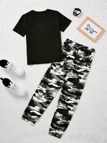 SHEIN Tween Boy Camouflage Patchwork T-Shirt And Pants Set
