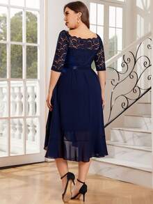 MIUSOL Vestido de fiesta con volantes, hombros descubiertos, encaje floral y mangas cortas, para fiesta, otoño, boda, graduación, cena - Azul Marino - Ver 2