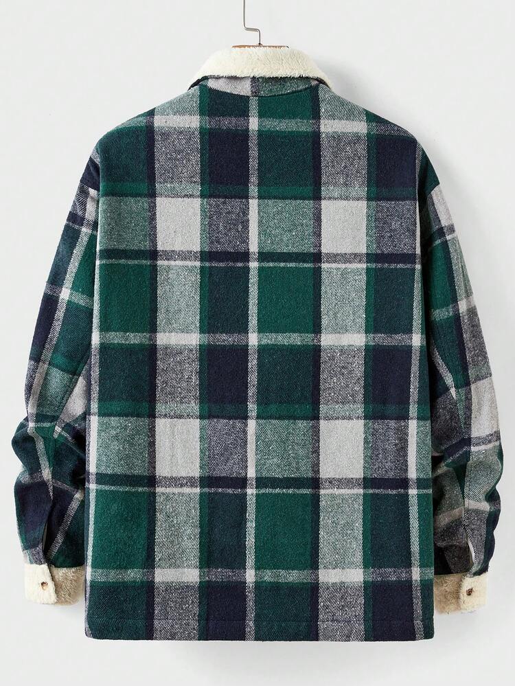 Oversized Men's Casual Plaid Patchwork Fleece Denim Jacket, For Fall Winter