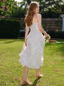 Vacation & Casual Ditsy Floral Spaghetti Strap Dress - Beige - View 2