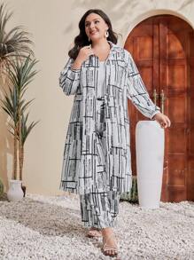 Mulvari 大码女式印花长袖衬衫和裤子两件套 2 件套 - 黑與白 - 查看 1