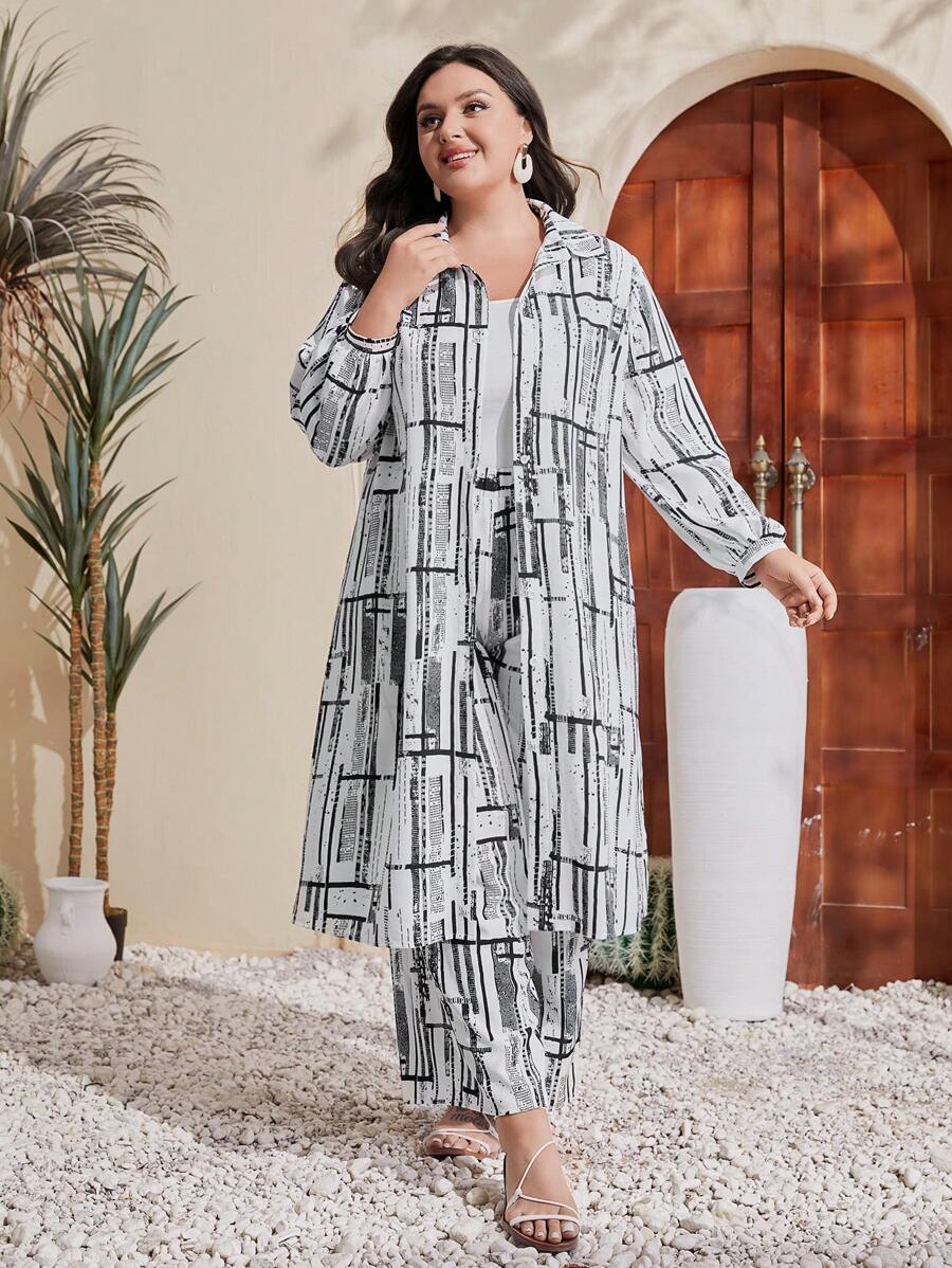 Mulvari 大码女式印花长袖衬衫和裤子两件套 2 件套 - 黑與白 - 查看 1