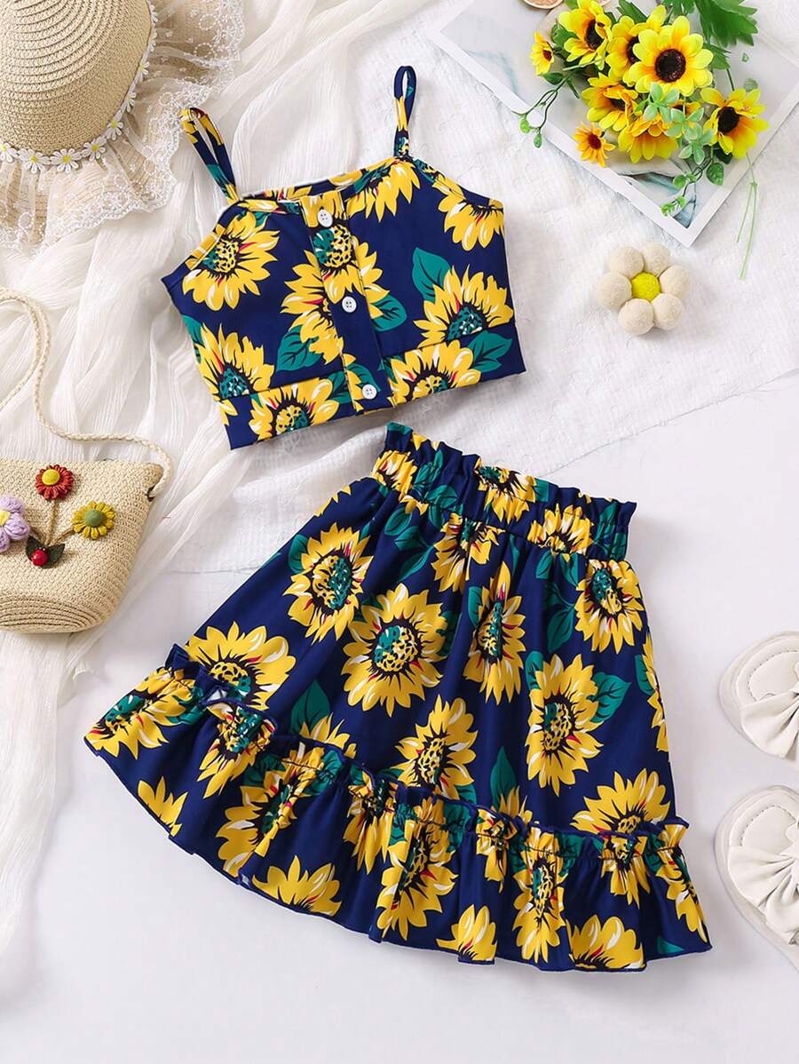 Trẻ Cô gái Hoa Hướng dương Mô hình Cami ngọn Và Bộ quần short , Mùa hè - Nhiều màu - Xem 1