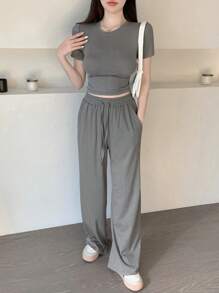 DAZY Bộ đồ hai mảnh mùa hè dành cho nữ, gồm áo thun ngắn tay cổ tròn và quần dài. - Xám - Xem 7