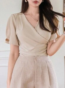 DAZY V-Neck Wrap-Front Short Sleeve T-Shirt Summer - Beige - View 3