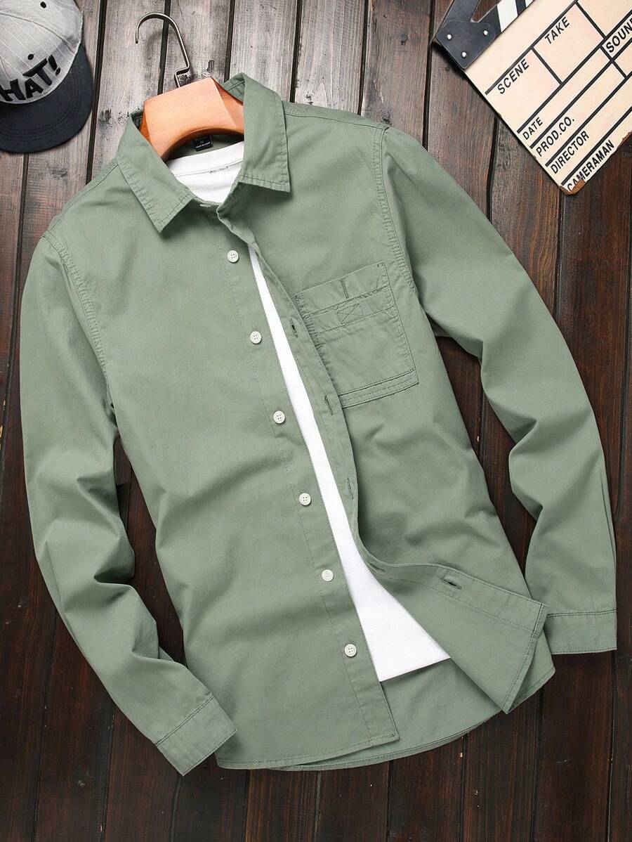 Manfinity Homme Men's Solid Color Long Sleeved Denim Shirt, Button Up Cotton Plain Dark Green Vintage Shirt - Green - View 1