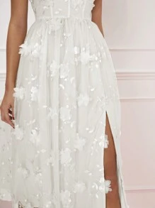 Enchnt 女士網紗連衣裙,肩上帶花和打結 - 白色 - 查看 3