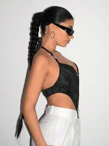 SHEIN ICON Áo dây buộc dây cổ xẻ lưng xẻ viền áo yếm bằng da Pu Y2K màu đen - màu đen - Xem 3