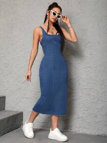 SHEIN PETITE Vestido De Mezclilla Para Mujeres Con Bordes Deshilachados Y Estilo Sin Mangas - Azul lavado oscuro - Ver 3