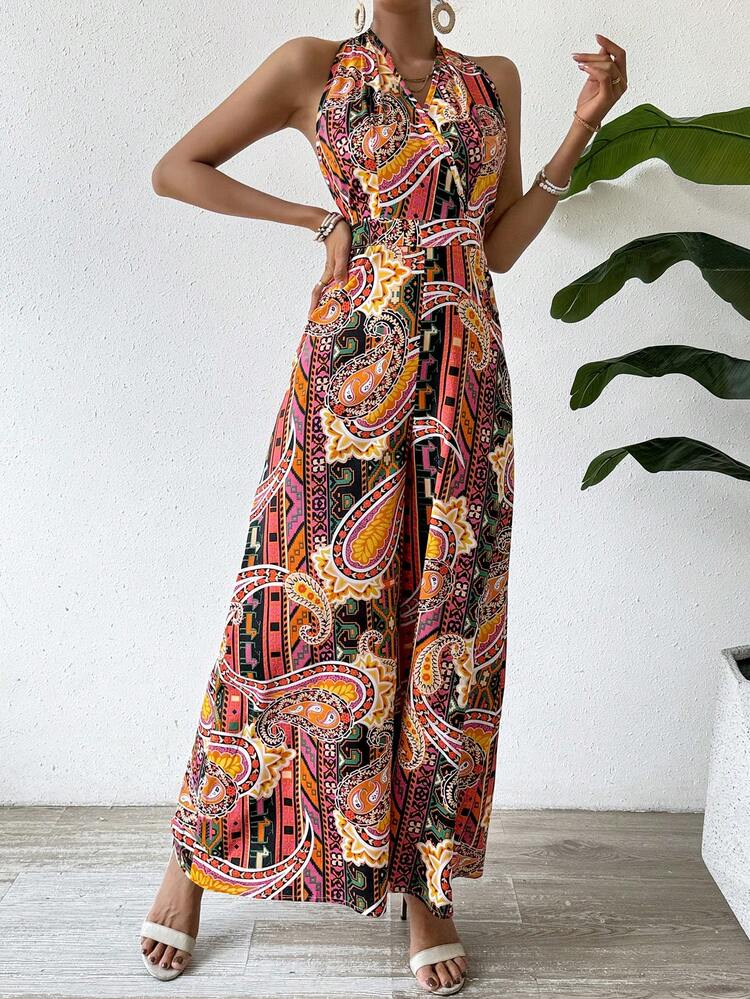 Women's Halter Neck Tie Waist Jumpsuit With Paisley Print