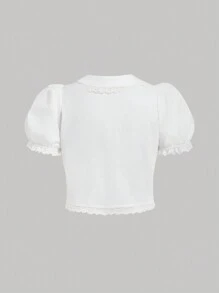 SHEIN MOD Plus Size White Lace Decorated Puff Short Sleeve Blouse