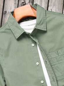 Manfinity Homme Men's Solid Color Long Sleeved Denim Shirt, Button Up Cotton Plain Dark Green Vintage Shirt - Green - View 6