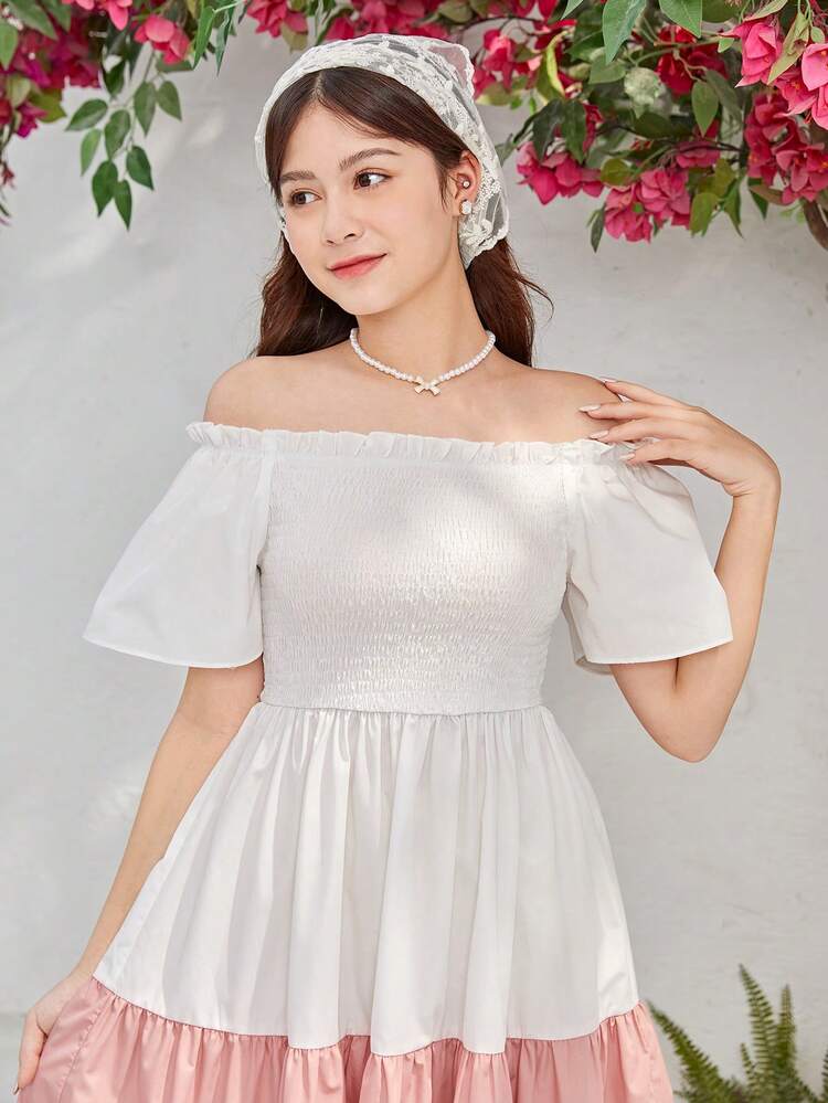 Teen Girl's Woven Splicing Color Shirred Off Shoulder Frill Hem Casual Dress