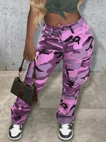 Women's Casual Camouflage Print Straight Leg Cargo Pants - 淡紫色 - 查看 4