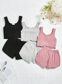 SHEIN Young Girls' Solid Color Ribbed Tank Top And Shorts Set - Multicolor - View 2