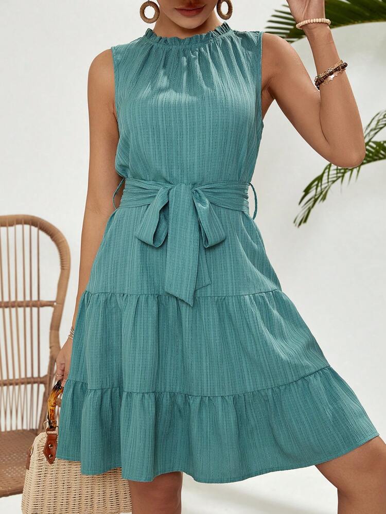 Women's Sleeveless Dress With Frill Hem & Fringe Details