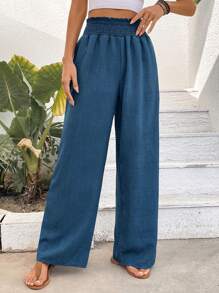 SHEIN LUNE Rộng Thắt lưng viền Thẳng Hoa Gai Chất vải Quần - Màu xanh lam - Xem 6