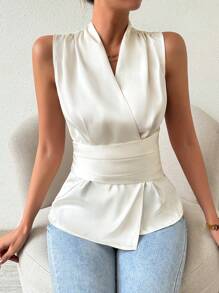 SHEIN Clasi Sleeveless Satin Blouse With Wrap Collar Peplum Top