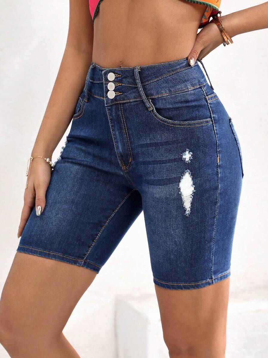 SHEIN EZwear 女性大學風修身低腰牛仔短褲 - 中等水洗藍 - 查看 1