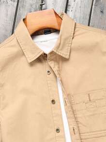 Manfinity Homme Áo sơ mi nam denim màu trơn phía trước, áo sơ mi đô thị cotton trơn màu kem - Màu Khaki - Xem 7