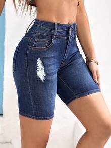 SHEIN EZwear 女性大學風修身低腰牛仔短褲 - 中等水洗藍 - 查看 3