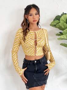 SHEIN Unity Women's Plaid Pattern Long Sleeve Cropped T-Shirt Fall Cloth For Women - Yellow - View 1