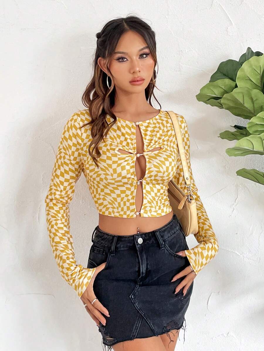 SHEIN Unity Women's Plaid Pattern Long Sleeve Cropped T-Shirt Fall Cloth For Women - Yellow - View 1