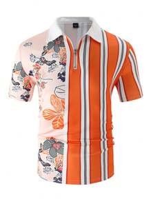 Manfinity RSRT 男款休閒時尚花紋條紋polo衫,翻領和拉鍊設計 - 橘色 - 查看 4