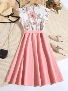 少女優雅甜美蕾絲花朵印花蓋袖拼布連身裙 - 粉色 - 查看 2