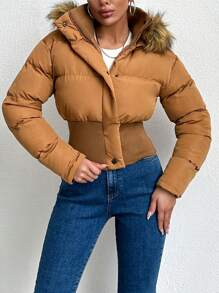 EURMUSE Fuzzy Trim Hooded Puffer Coat - Brown - View 5