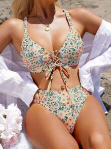 Swim Mod Summer Beach Ladies' Floral Printed Swimwear Set Carnival - Apricot - View 4