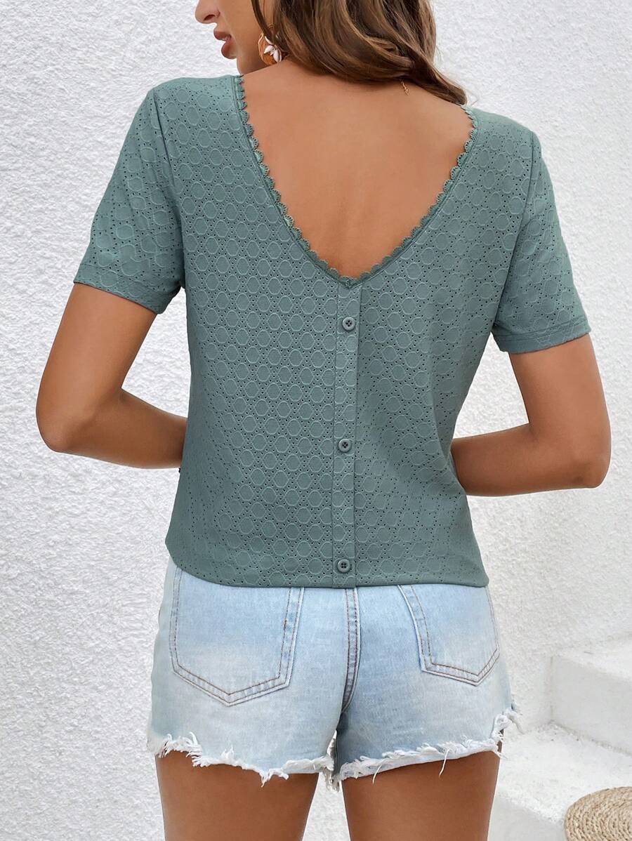 SHEIN Frenchy Của phụ nữ Màu thuần Ren Nối Áo thun Với nút Chi tiết Trở lại - màu xanh lá - Xem 1